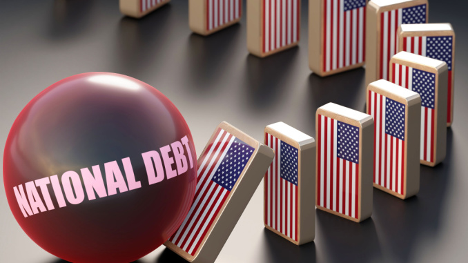 national debt ball knocks over American flag dominoes