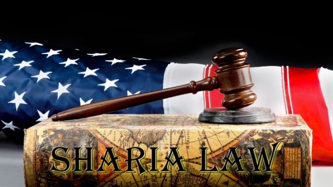Sharia Law book with gavel and American flag